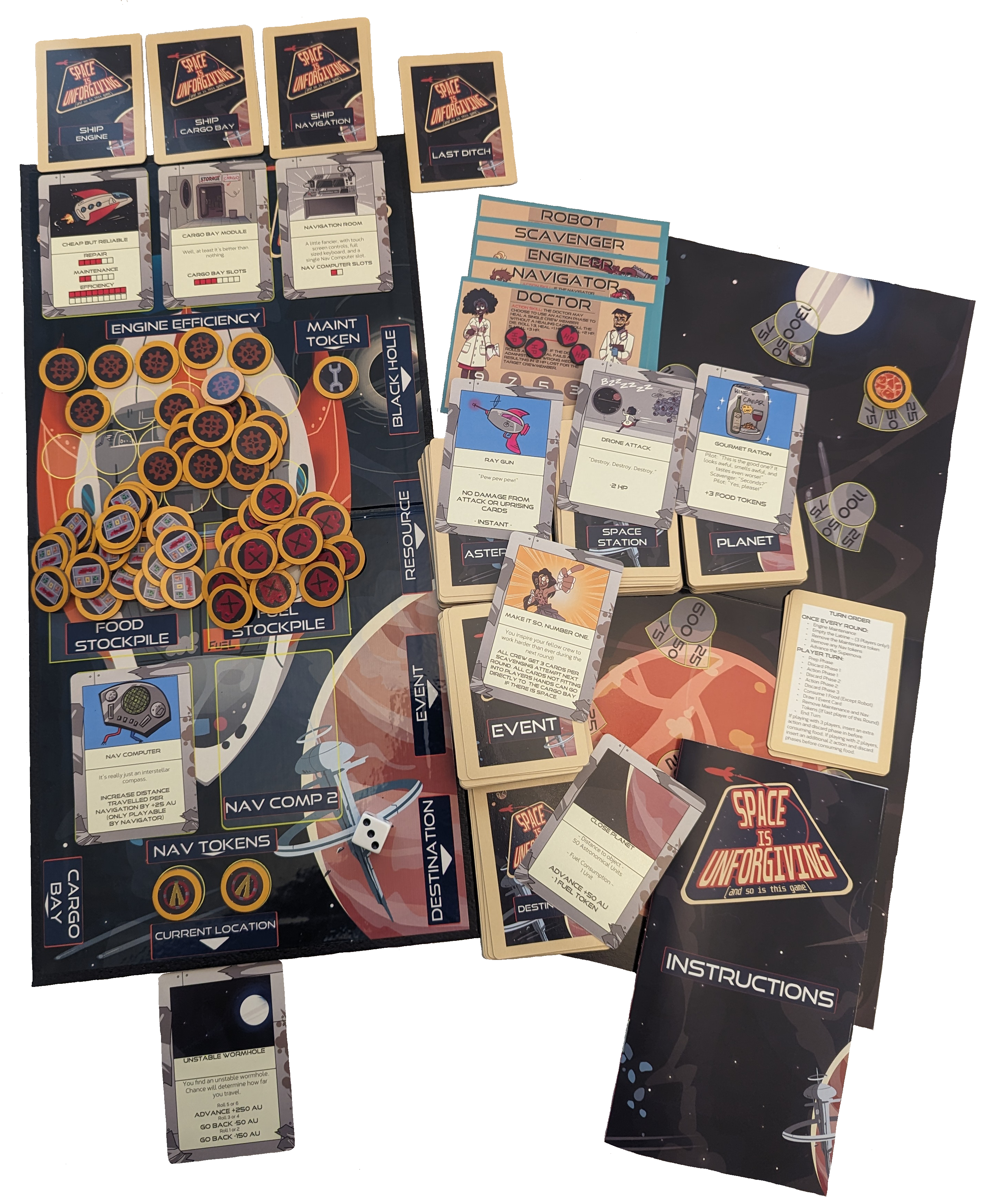 Game pieces, map, dice and resource cards laid out on a table